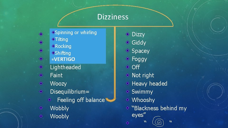Dizziness Spinning or or whirling Spinning whirling Tilting Rocking Shifting =VERTIGO Lightheaded Faint Woozy
