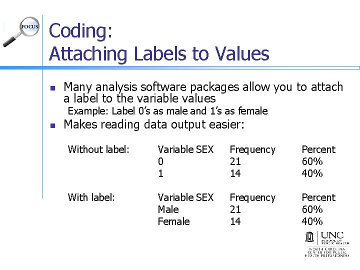Coding: Attaching Labels to Values n Many analysis software packages allow you to attach