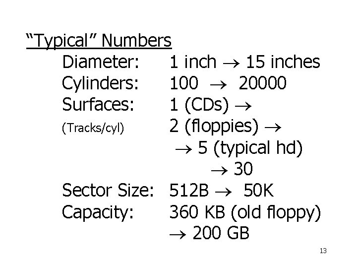 “Typical” Numbers Diameter: 1 inch 15 inches Cylinders: 100 20000 Surfaces: 1 (CDs) (Tracks/cyl)