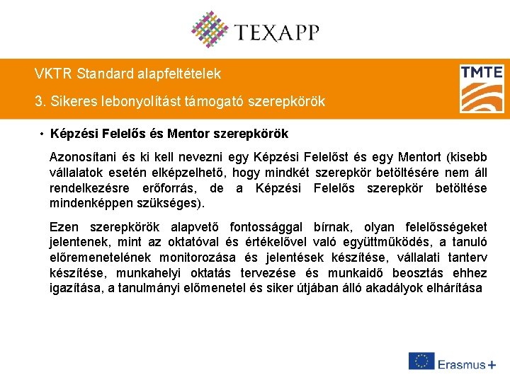 VKTR Standard alapfeltételek 3. Sikeres lebonyolítást támogató szerepkörök • Képzési Felelős és Mentor szerepkörök