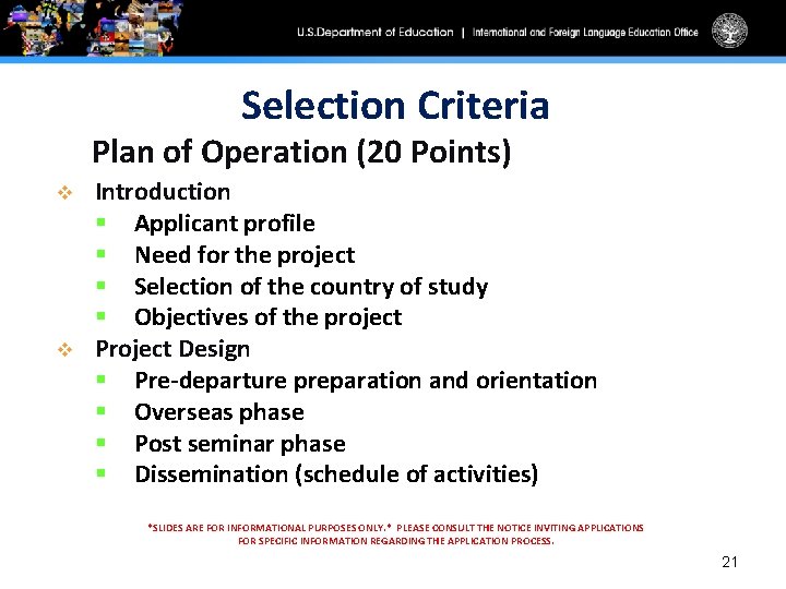 Selection Criteria Plan of Operation (20 Points) v v Introduction § Applicant profile §