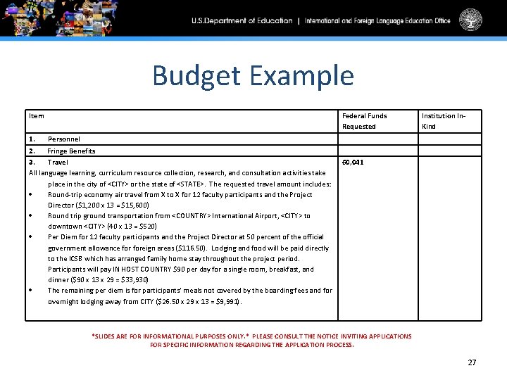 Budget Example Item Federal Funds Requested 1. Personnel 2. Fringe Benefits 3. Travel All