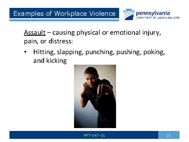 Examples of Workplace Violence Assault – causing physical or emotional injury, pain, or distress: