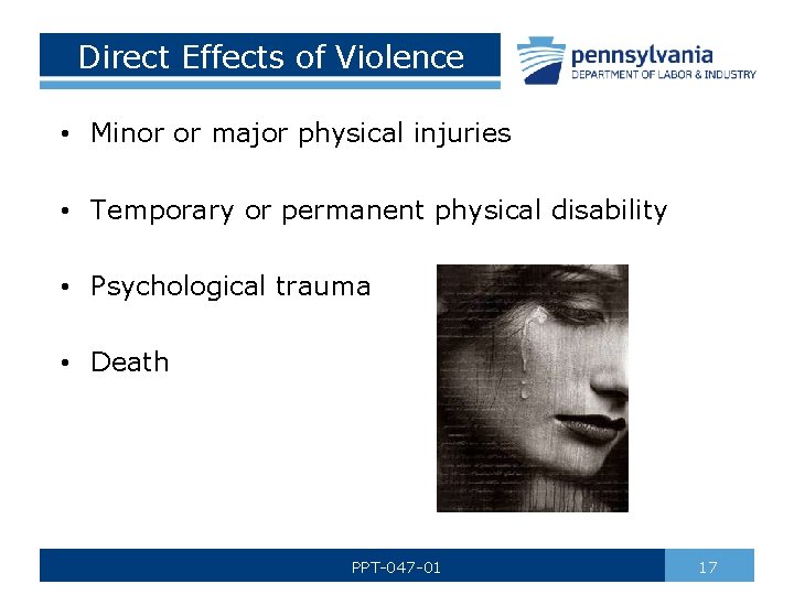 Direct Effects of Violence • Minor or major physical injuries • Temporary or permanent