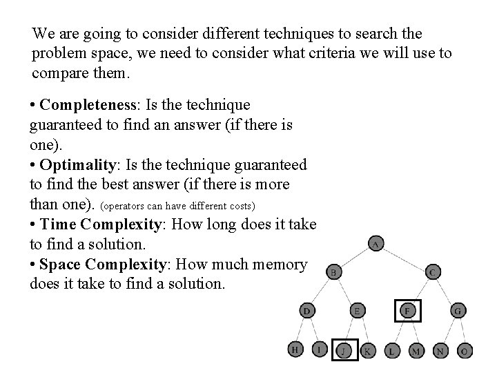 We are going to consider different techniques to search the problem space, we need