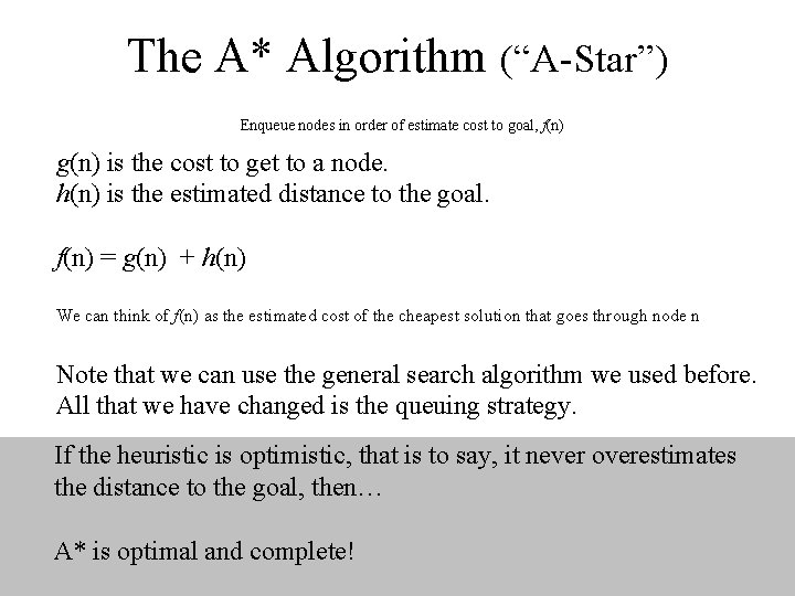 The A* Algorithm (“A-Star”) Enqueue nodes in order of estimate cost to goal, f(n)