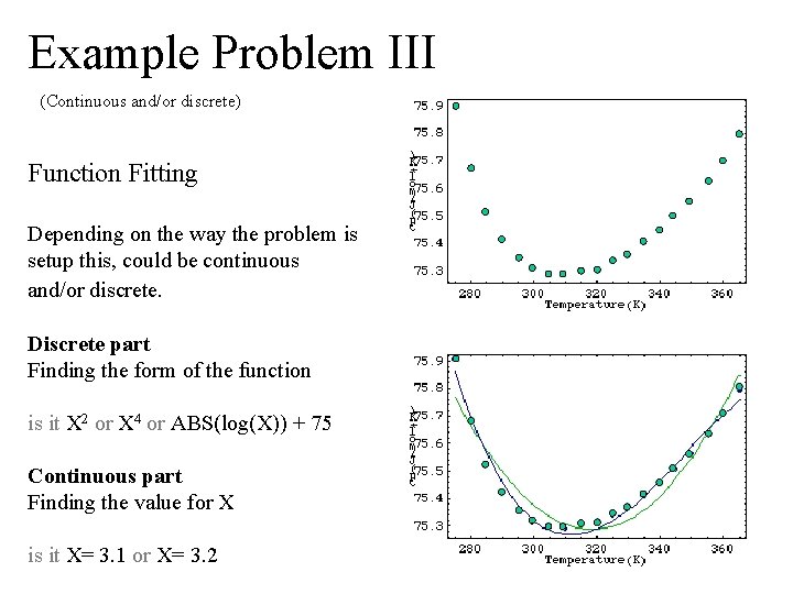 Example Problem III (Continuous and/or discrete) Function Fitting Depending on the way the problem