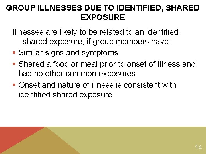 GROUP ILLNESSES DUE TO IDENTIFIED, SHARED EXPOSURE Illnesses are likely to be related to GROUP ILLNESSES DUE TO IDENTIFIED, SHARED EXPOSURE Illnesses are likely to be related to