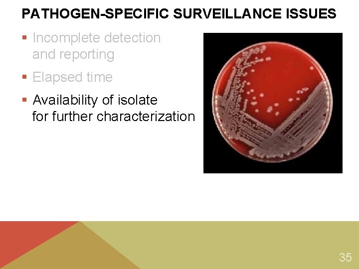 PATHOGEN-SPECIFIC SURVEILLANCE ISSUES § Incomplete detection and reporting § Elapsed time § Availability of PATHOGEN-SPECIFIC SURVEILLANCE ISSUES § Incomplete detection and reporting § Elapsed time § Availability of