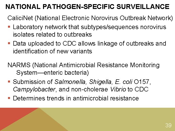 NATIONAL PATHOGEN-SPECIFIC SURVEILLANCE Calici. Net (National Electronic Norovirus Outbreak Network) § Laboratory network that NATIONAL PATHOGEN-SPECIFIC SURVEILLANCE Calici. Net (National Electronic Norovirus Outbreak Network) § Laboratory network that