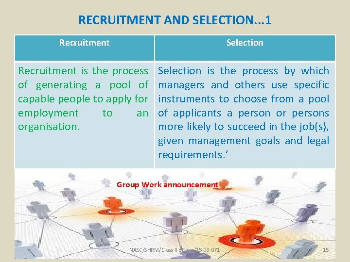 RECRUITMENT AND SELECTION. . . 1 Recruitment Selection Recruitment is the process of generating