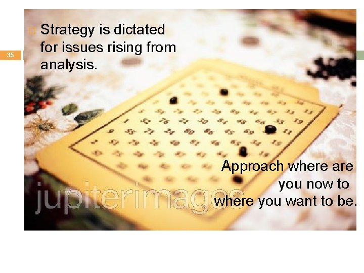  35 Strategy is dictated for issues rising from analysis. Approach where are you