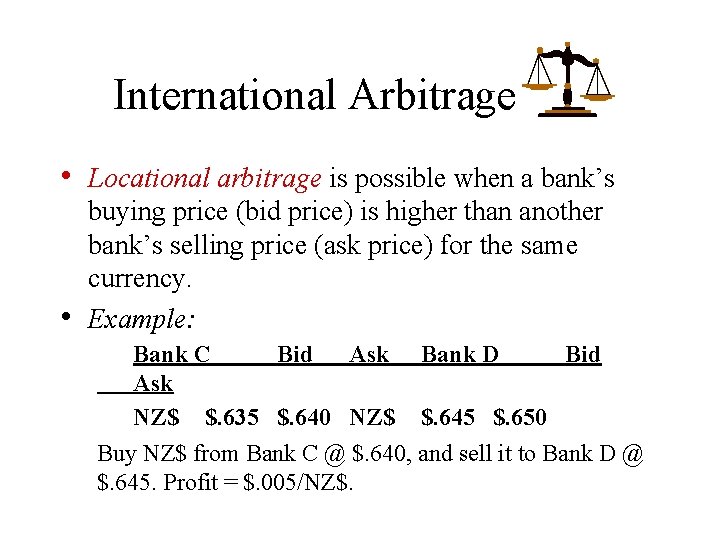 International Arbitrage • Locational arbitrage is possible when a bank’s • buying price (bid