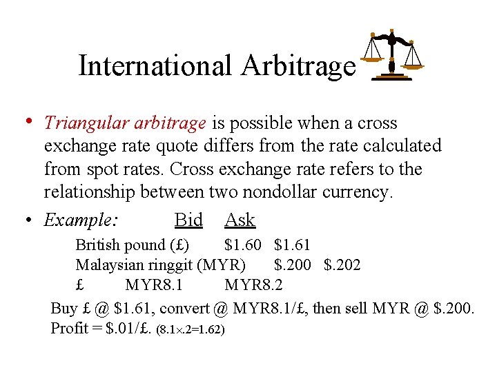 International Arbitrage • Triangular arbitrage is possible when a cross exchange rate quote differs