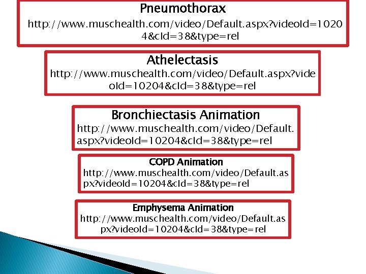 Pneumothorax http: //www. muschealth. com/video/Default. aspx? video. Id=1020 4&c. Id=38&type=rel Athelectasis http: //www. muschealth.