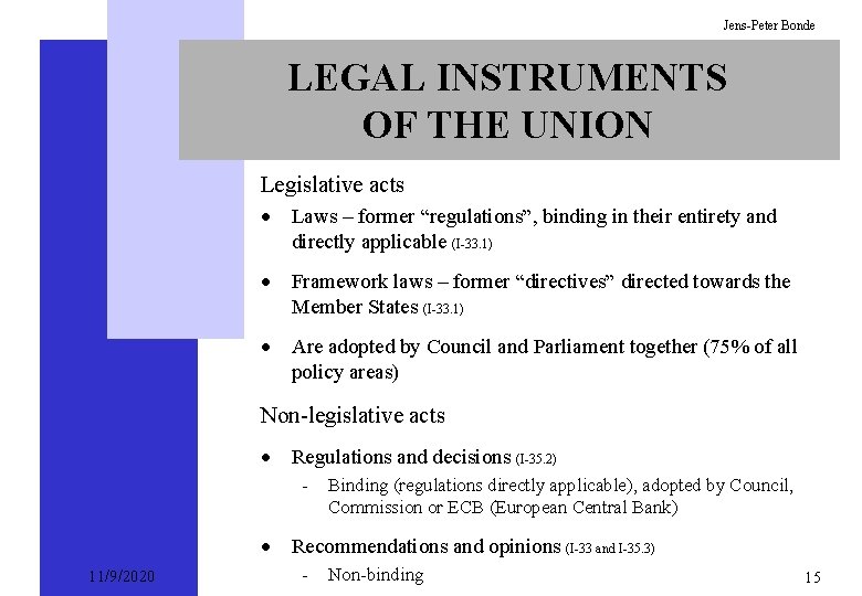 Jens-Peter Bonde LEGAL INSTRUMENTS OF THE UNION Legislative acts · Laws – former “regulations”,