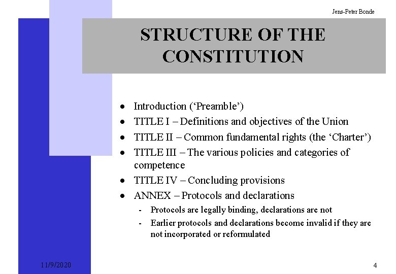 Jens-Peter Bonde STRUCTURE OF THE CONSTITUTION · · Introduction (‘Preamble’) TITLE I – Definitions