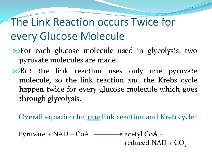 The Link Reaction occurs Twice for every Glucose Molecule For each glucose molecule used