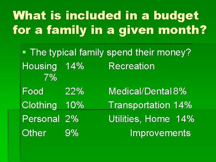 What is included in a budget for a family in a given month? §