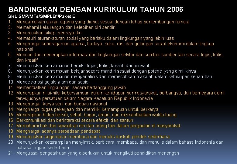 BANDINGKAN DENGAN KURIKULUM TAHUN 2006 SKL SMP/MTs/SMPLB*/Paket B 1. Mengamalkan ajaran agama yang dianut