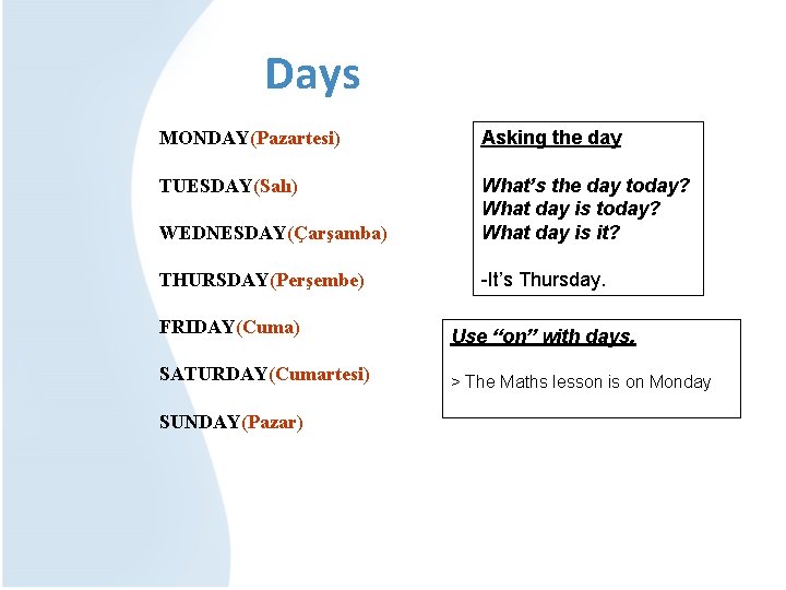 Days MONDAY(Pazartesi) Asking the day TUESDAY(Salı) WEDNESDAY(Çarşamba) What’s the day today? What day is