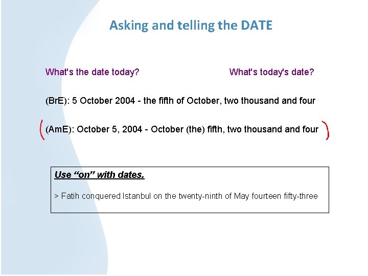 Asking and telling the DATE What's the date today? What's today's date? (Br. E):