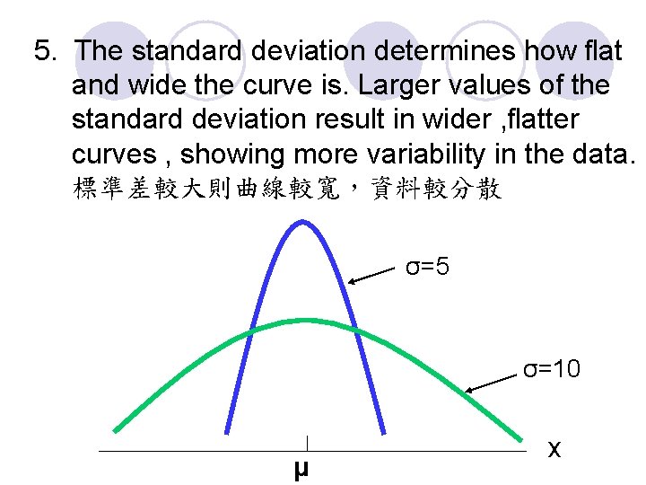 5. The standard deviation determines how flat and wide the curve is. Larger values 5. The standard deviation determines how flat and wide the curve is. Larger values