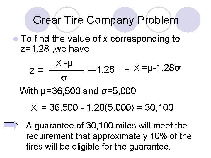 Grear Tire Company Problem l To find the value of x corresponding to z=1. Grear Tire Company Problem l To find the value of x corresponding to z=1.