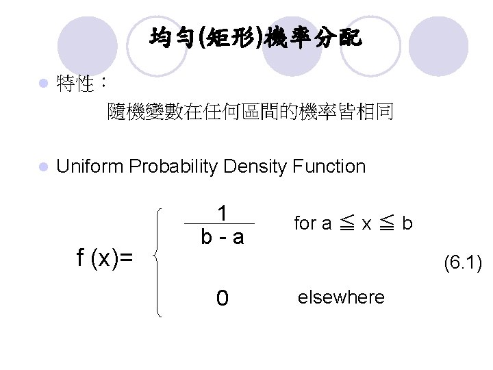 均勻(矩形)機率分配 l 特性: 隨機變數在任何區間的機率皆相同 l Uniform Probability Density Function f (x)= 1 b-a for 均勻(矩形)機率分配 l 特性: 隨機變數在任何區間的機率皆相同 l Uniform Probability Density Function f (x)= 1 b-a for