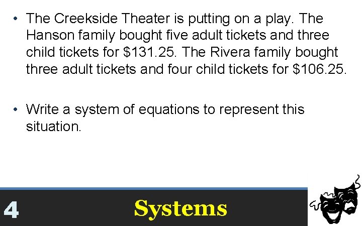  • The Creekside Theater is putting on a play. The Hanson family bought