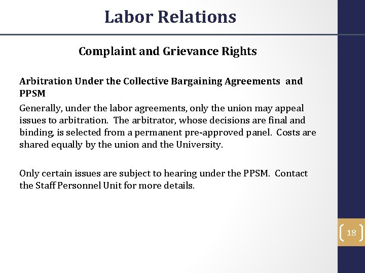 Labor Relations Complaint and Grievance Rights Arbitration Under the Collective Bargaining Agreements and PPSM