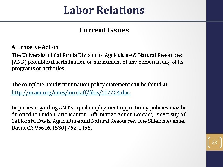 Labor Relations Current Issues Affirmative Action The University of California Division of Agriculture &