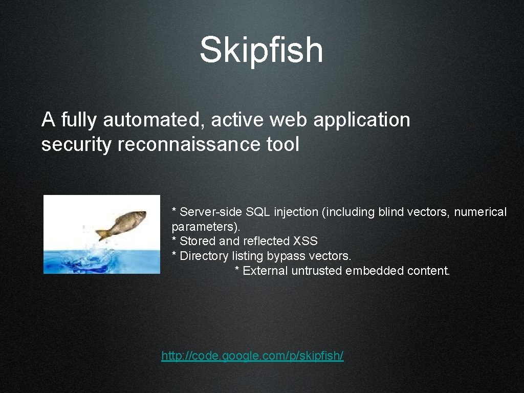 Skipfish A fully automated, active web application security reconnaissance tool * Server-side SQL injection