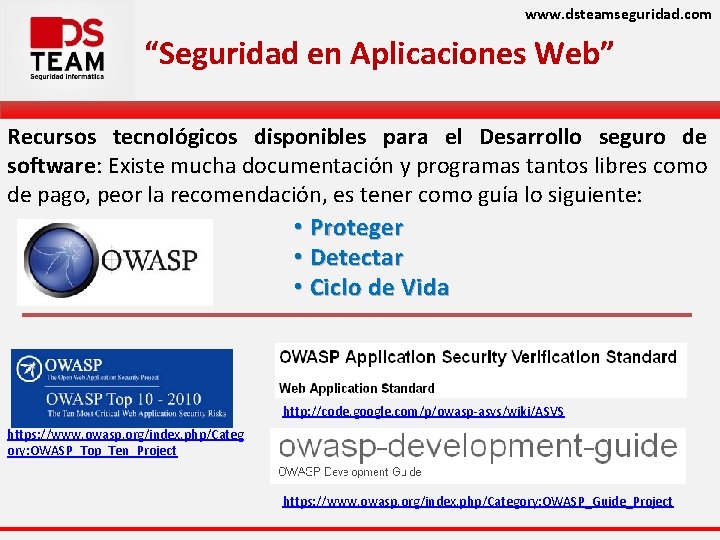 www. dsteamseguridad. com “Seguridad en Aplicaciones Web” Recursos tecnológicos disponibles para el Desarrollo seguro