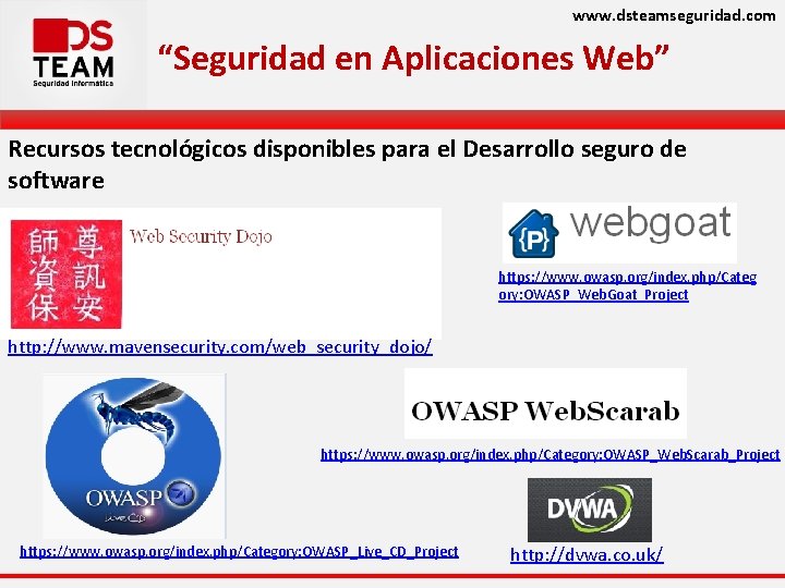 www. dsteamseguridad. com “Seguridad en Aplicaciones Web” Recursos tecnológicos disponibles para el Desarrollo seguro