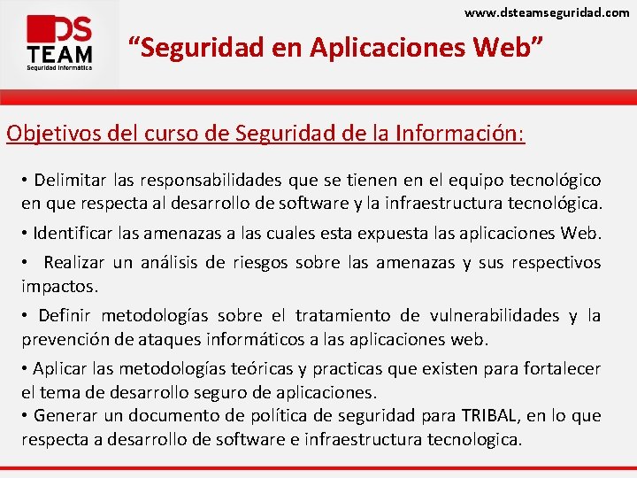 www. dsteamseguridad. com “Seguridad en Aplicaciones Web” Objetivos del curso de Seguridad de la