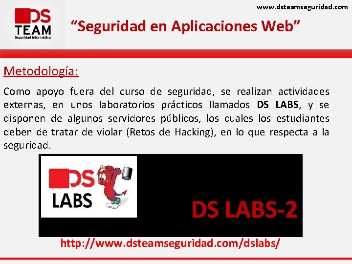 www. dsteamseguridad. com “Seguridad en Aplicaciones Web” Metodología: Como apoyo fuera del curso de