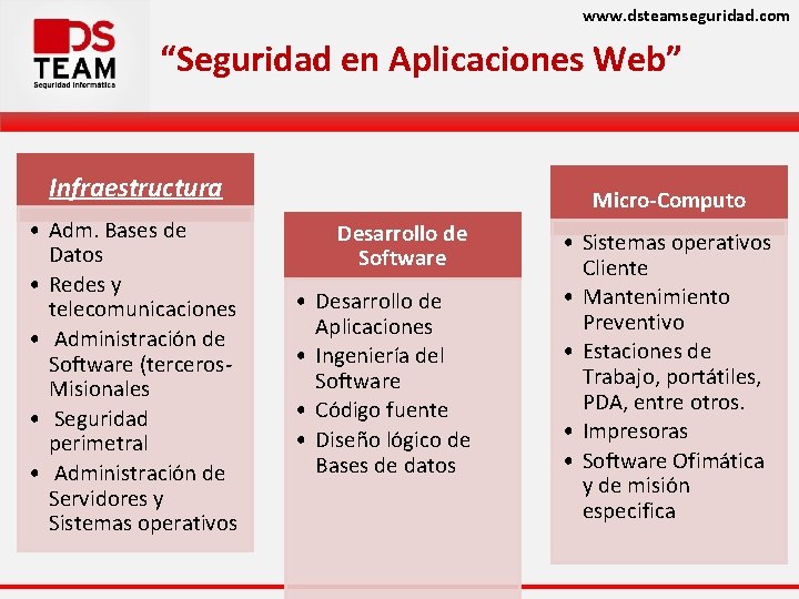 www. dsteamseguridad. com “Seguridad en Aplicaciones Web” Infraestructura • Adm. Bases de Datos •