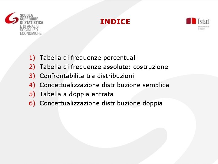 INDICE 1) 2) 3) 4) 5) 6) Tabella di frequenze percentuali Tabella di frequenze