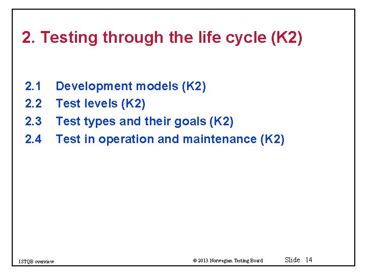 2. Testing through the life cycle (K 2) 2. 1 2. 2 2. 3