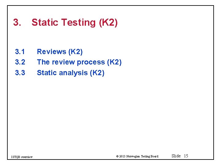 3. Static Testing (K 2) 3. 1 3. 2 3. 3 ISTQB overview Reviews