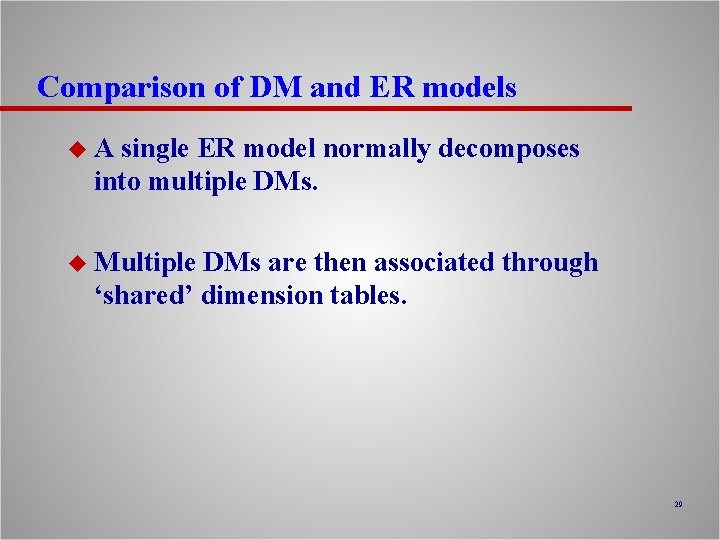 Comparison of DM and ER models u A single ER model normally decomposes into