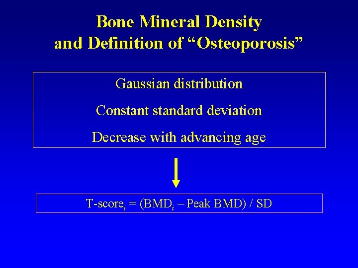 Bone Mineral Density and Definition of “Osteoporosis” Gaussian distribution Constant standard deviation Decrease with