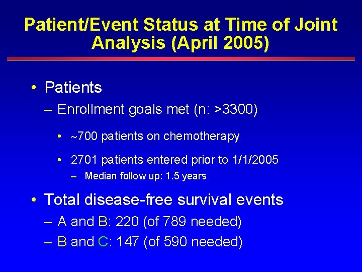 Patient/Event Status at Time of Joint Analysis (April 2005) • Patients – Enrollment goals