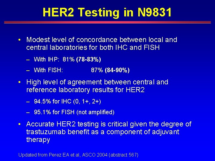 HER 2 Testing in N 9831 • Modest level of concordance between local and