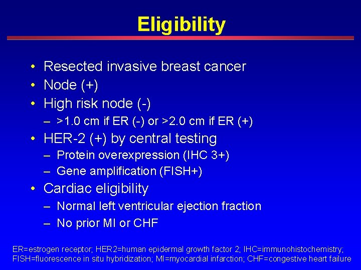 Eligibility • • • Resected invasive breast cancer Node (+) High risk node (-)