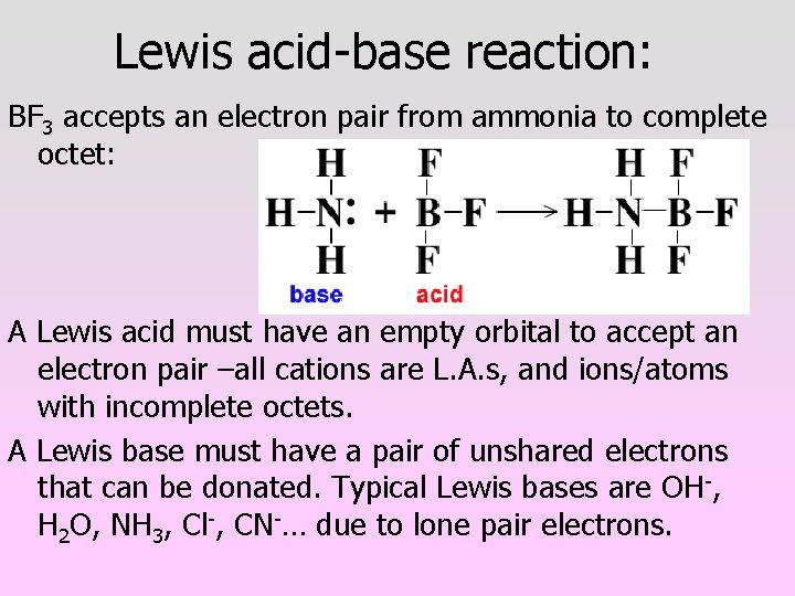 Lewis acid-base reaction: BF 3 accepts an electron pair from ammonia to complete octet: