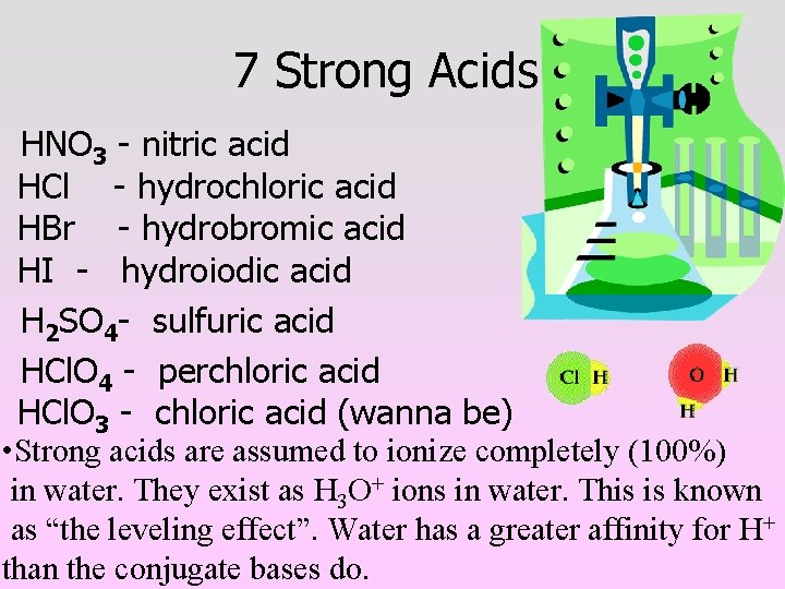 7 Strong Acids HNO 3 - nitric acid HCl - hydrochloric acid HBr -