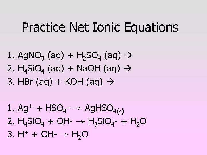 Practice Net Ionic Equations 1. Ag. NO 3 (aq) + H 2 SO 4