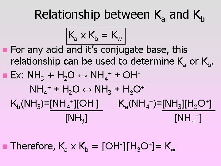 Relationship between Ka and Kb Ka x K b = K w n For